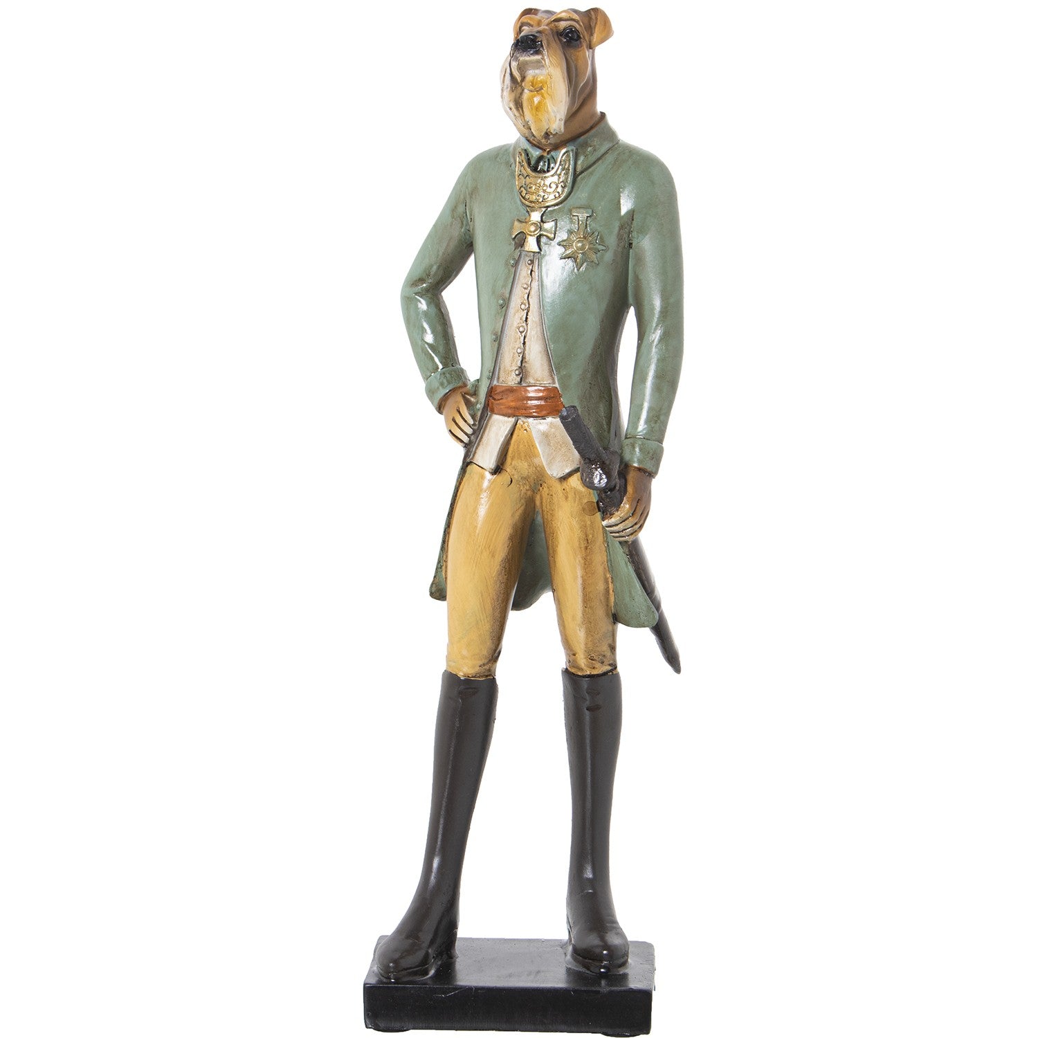 Figura perro vestido uniforme con espada verde