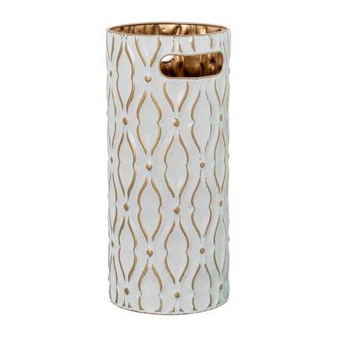 Paragüero metálico blanco y dorado con diseño de ondas en relieve y puntos decorativos – Brocantia Oviedo.